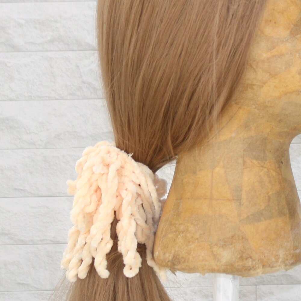 HAND CRAFTED Hair Scrunchie Fringe Crochet Kids Chenille Spring Pastel Peach